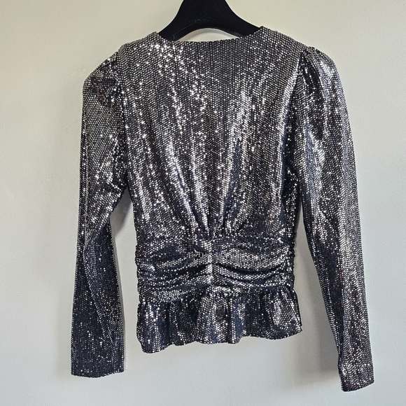 New BA&SH Mae Sequin Top Long Sleeve V Neck Peplum Party Sparkle Noir Black XS - Picture 14 of 17